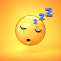 Sleeping emoji isolated on yellow background, emoticon at rest 3d rendering