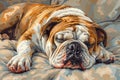 Sleeping English Bulldog Illustration on Cozy Patterned Bedding, Domestic Animal Rest Royalty Free Stock Photo