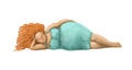 sleeping fat lady in colorful dress watercolor illustration