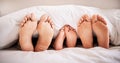 Sleeping, feet and family in bed together in the morning, lying in a row to relax in their home. Mom, dad and child