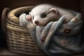 Sleeping ferret in a wicker basket on a dark background Royalty Free Stock Photo