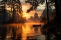 Sleeping forest reflected in lake to dawn, under golden sky and ether mist., generative IA