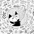 Sleeping fox coloring page for adults and kids. Black and white background Royalty Free Stock Photo