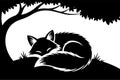 Sleeping fox curled up under tree with grass silhouette peaceful nature scene for tattoo design Royalty Free Stock Photo