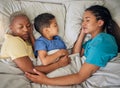 Sleeping, gay family and relax in bed from above, hug and resting in their home together. Lgbt, sleep and lesbian couple Royalty Free Stock Photo