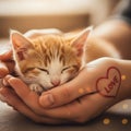 Sleeping Ginger Kitten Cradled in Hands with Love Royalty Free Stock Photo