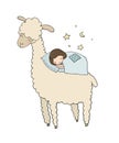 A sleeping girl and a cartoon lama. Good night.