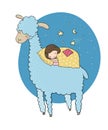 A sleeping girl and a cartoon lama.