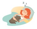 Sleeping girl with cat. Cartoon happy woman. Sweet dreams. Sleeping girl icon Royalty Free Stock Photo