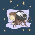 Sleeping girl with cat. Sketch. Vector