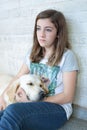 He is sleeping girl with her dog in her arms Royalty Free Stock Photo