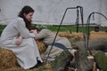 Sleeping girl in medieval viking dress