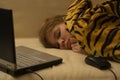 Sleeping girl with notebook and mouse Royalty Free Stock Photo