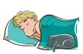 Sleeping blonde man on a pillow with cat. Isolated on white background. Good night, sweet dreams.