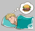 Sleeping blonde man on a pillow dreaming about burger. Isolated on grey background. Burger dream. Man on a diet.