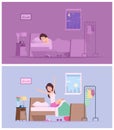 Sleeping girl. Wake up joyful woman morning stretching in bed vector cartoon illustrations