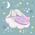 A gray hare under a blue blanket is sleeping on a white cloud on a blue background with stars.