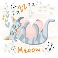 Sleeping grey cute cat baby animal. Nursery vector cartoon sleep animal cat, cute print illustration. Adorable gray and Royalty Free Stock Photo
