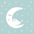 Sleeping half moon white cute bird blue night sky stars kids illustration room decoration, light pastel colors