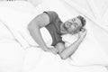 Sleeping handsome. Bearded man sleeping face relaxing on pillow. Handsome and sleepy. Sexy man sleeping in bed. Guy Royalty Free Stock Photo