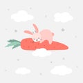 Sleeping hare on a carrot. Sweet dreams of a pink rabbit in the clouds. Vector illustration in hand-drawn style. Cute animal print