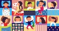 Sleeping kids. Peaceful childhood, kid sleep in home bed. Bedtime, cartoon children dreaming with toys, sleepy child Royalty Free Stock Photo