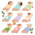 Sleeping kindergarten. Tired boys and girls little kids in beds quiet hour casual daytime vector characters