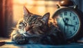 Sleeping kitten resting on cozy striped table generated by AI