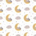 Sleeping koala bear on the moon Baby pattern baby. Scandinavian cartoon style. Cute kids bed linen textile