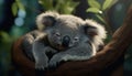 Sleeping koala on eucalyptus tree, cute marsupial in tranquil forest generated by AI Royalty Free Stock Photo