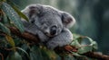 Sleeping Koala in Rain on Eucalyptus. Royalty Free Stock Photo