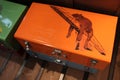 A sleeping lioness is drawn on a metal suitcase in a store (France) Royalty Free Stock Photo