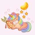 Sleeping magical baby girl unicorn. Pastel drawing of animal that rests on pillow. Vector illustration in cartoon style.