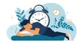 Sleeping man with alarm clock illustration concept for sleep cycle and bedtime routine reminder time 100 characters Royalty Free Stock Photo