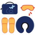 Sleeping mask, earplugs, disposable slippers, travel neck pillow, bag organizer vector icon set isolated on white Royalty Free Stock Photo