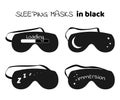 Sleeping masks set in black style with white print. Eye protection accessories for relax sleeping night or rest in