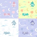 Sleeping month, sleeping puppy, seamless pattern set