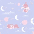 Sleeping month, sleeping puppy, seamless pattern