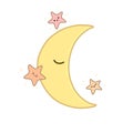 Sleeping moon with pink stars illustration. In cartoon style. Cute and adorable drawing