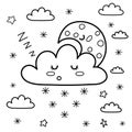 Sleeping moon and snowy cloud in the sky coloring page. Fantasy coloring book Royalty Free Stock Photo