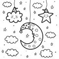 Sleeping moon and star at night coloring page. Sweet dreams black and white card Royalty Free Stock Photo
