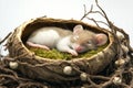 Sleeping mouse curled up in a cozy nest made of branches and moss in a peaceful setting. Generative AI Royalty Free Stock Photo