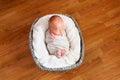 Sleeping newborn baby in a basket. Small hands and feet of the child. Baby wrap Royalty Free Stock Photo