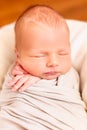 Sleeping newborn baby closeup. Small hands of the child. Baby wrap