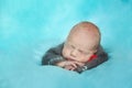 Sleeping newborn baby in a crocheted gingerbread man costume Royalty Free Stock Photo