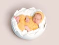 Sleeping newborn baby curled up on round basket Royalty Free Stock Photo