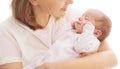 Sleeping Newborn Baby in Mother Hands. Mum Holding One Month Old Child over White. Woman hugging resting Infant Kid. Childcare Royalty Free Stock Photo