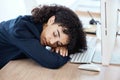 Sleeping, office and business woman burnout from finance portfolio work, stock market database or investment budget