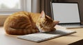 Sleeping orange cat on keyboard Royalty Free Stock Photo