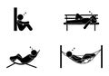 Sleeping outdoors icon, stick figure, man sleep, isolated pictograms people relaxing in a hammock,